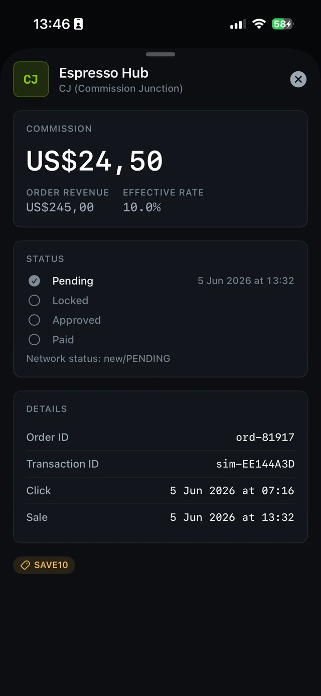 Sale detail sheet on iPhone showing a US$24.50 commission with status timeline